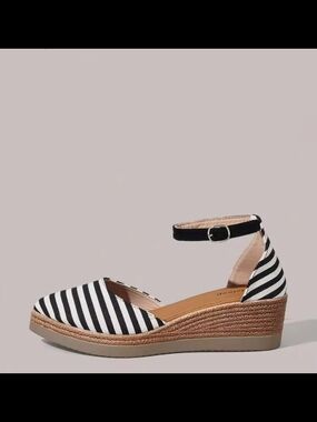 Striped Black and White Espadrille Wedge Sandal - Women